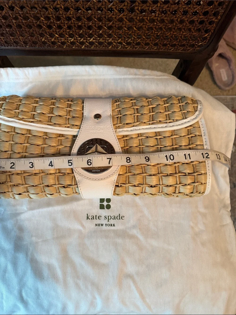 Vintage kate spade Natural Straw Clutch with White Leather Trim and Turn-Lock